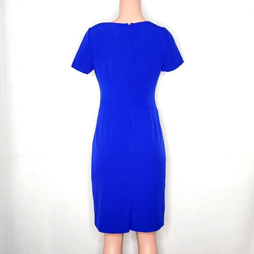 Adrianna Papell Blue Sheath Dress Side Pleats Draped Neckline Short Sleeves - Picture 3 of 6